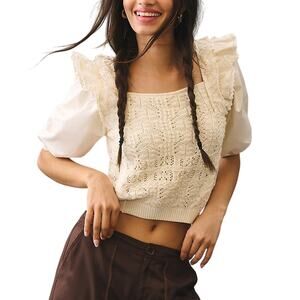 En Saison 'Collette' Cream Cotton Ruffled Puff-Sleeve Sweater Top Size S